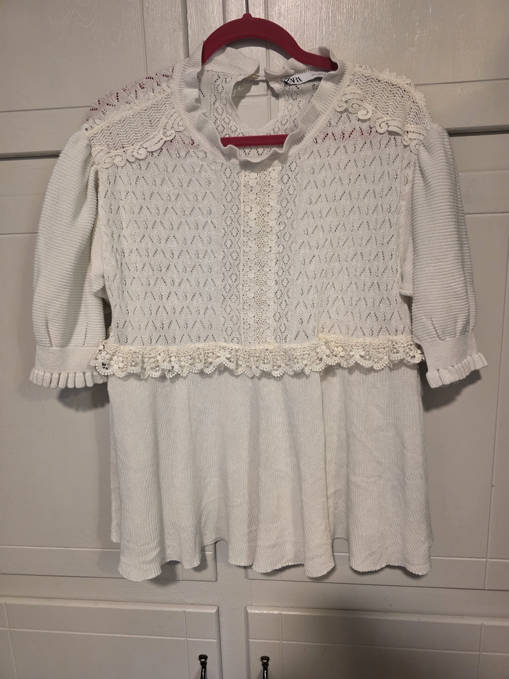 Zara Ivory Knit Lace-Trim Top Zara Sz L